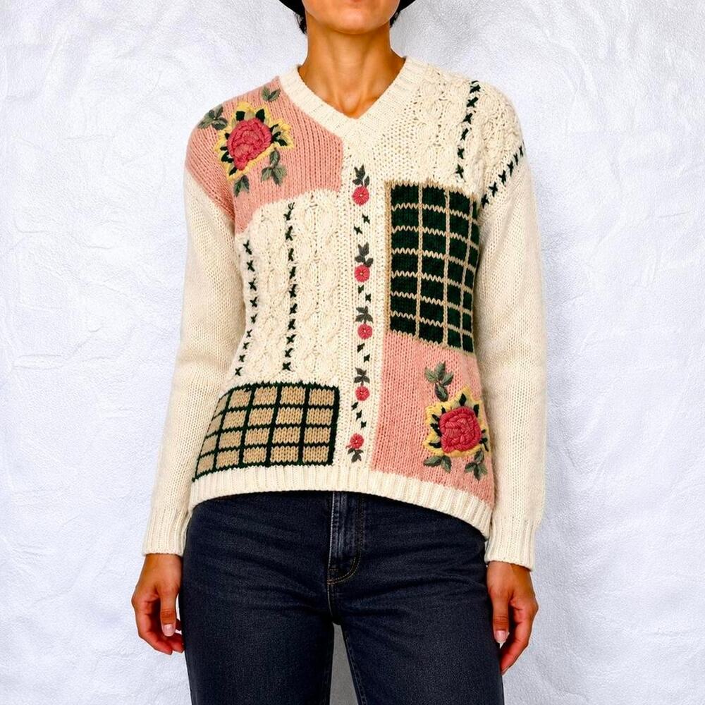RARE Vintage Hand Knit Cottagecore Patchwork Floral Embroidered Sweater L/XL